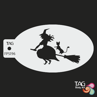 TAG Body Art Reusable Face Painting Stencil - Flying Witch, Cat, Broomstick, Halloween - No. 196