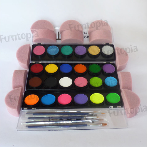 TAG Body Art Palette Kit - 21x 10g Regular, 6 x 10g each Neon, Pearl Colours, Brushes, Sponges